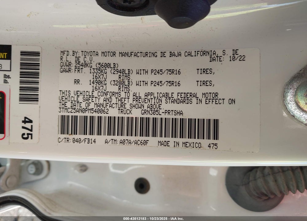 2023 TOYOTA TACOMA SR V6 VIN: 3TMCZ5AN0PM540062