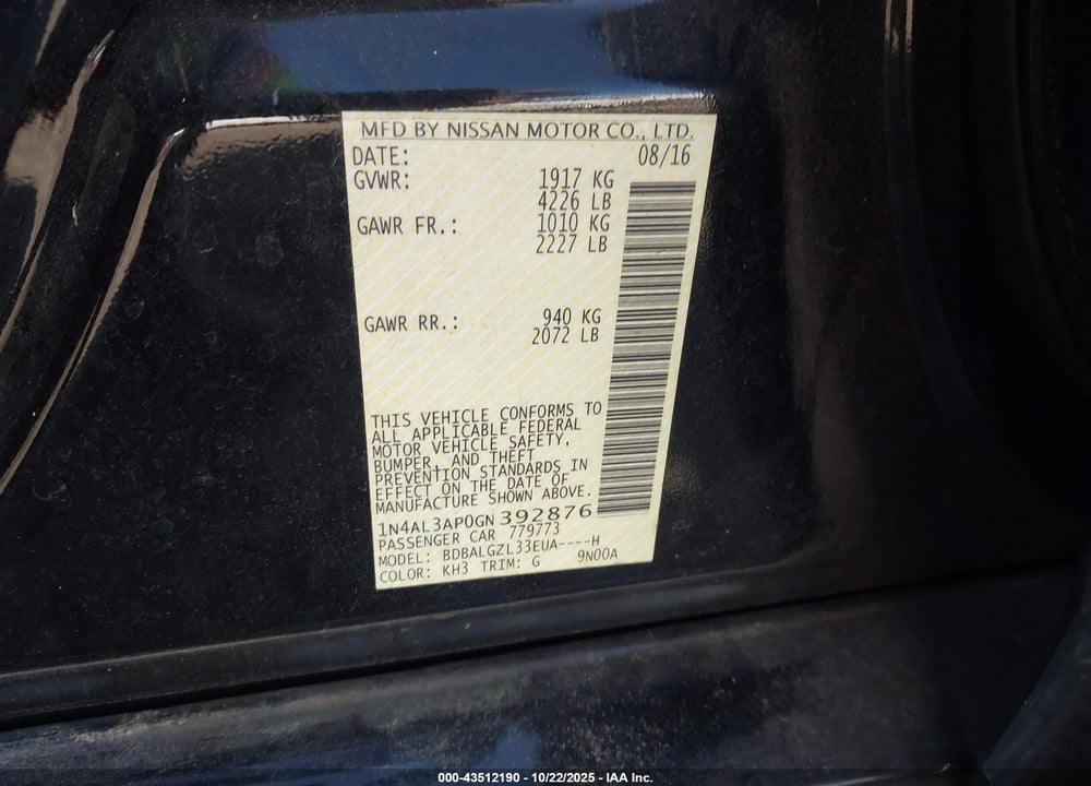 2016 NISSAN ALTIMA 2.5 S VIN: 1N4AL3AP0GN392876