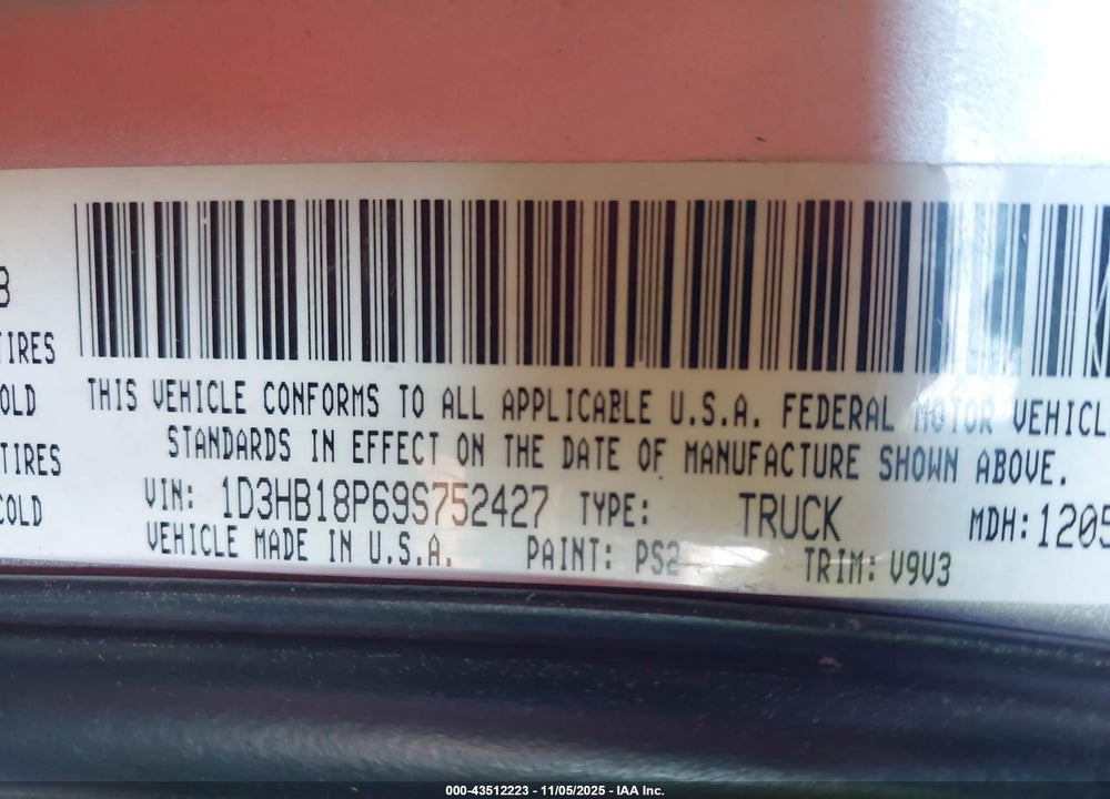 2009 DODGE RAM 1500 VIN: 1D3HB18P69S752427