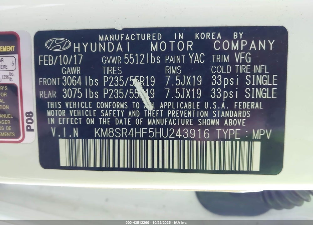 2017 HYUNDAI SANTA FE VIN: KM8SR4HF5HU243916