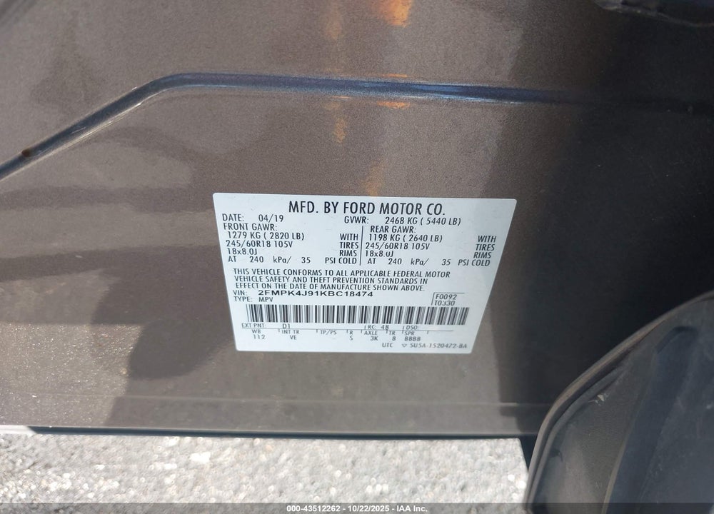 2019 FORD EDGE SEL VIN: 2FMPK4J91KBC18474