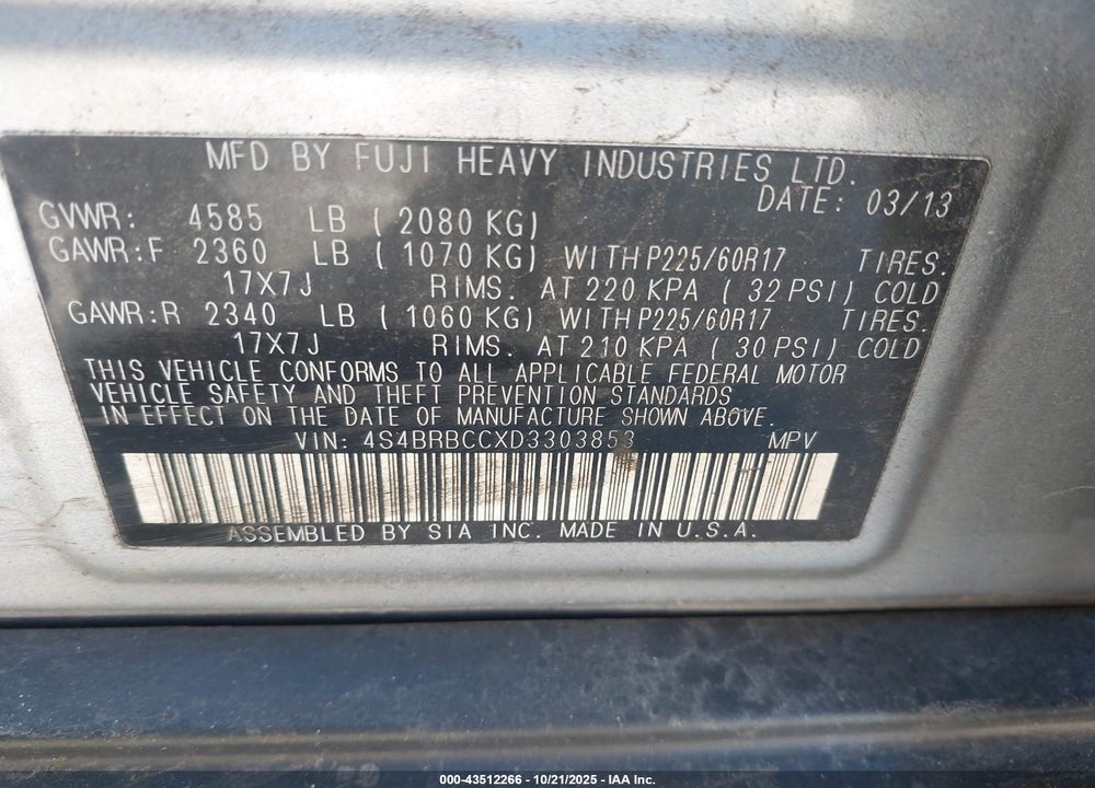2013 SUBARU OUTBACK VIN: 4S4BRBCCXD3303853