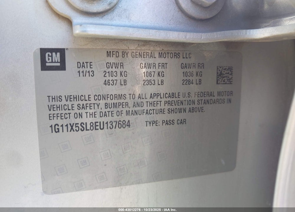 2014 CHEVROLET IMPALA 1FL VIN: 1G11X5SL8EU137684