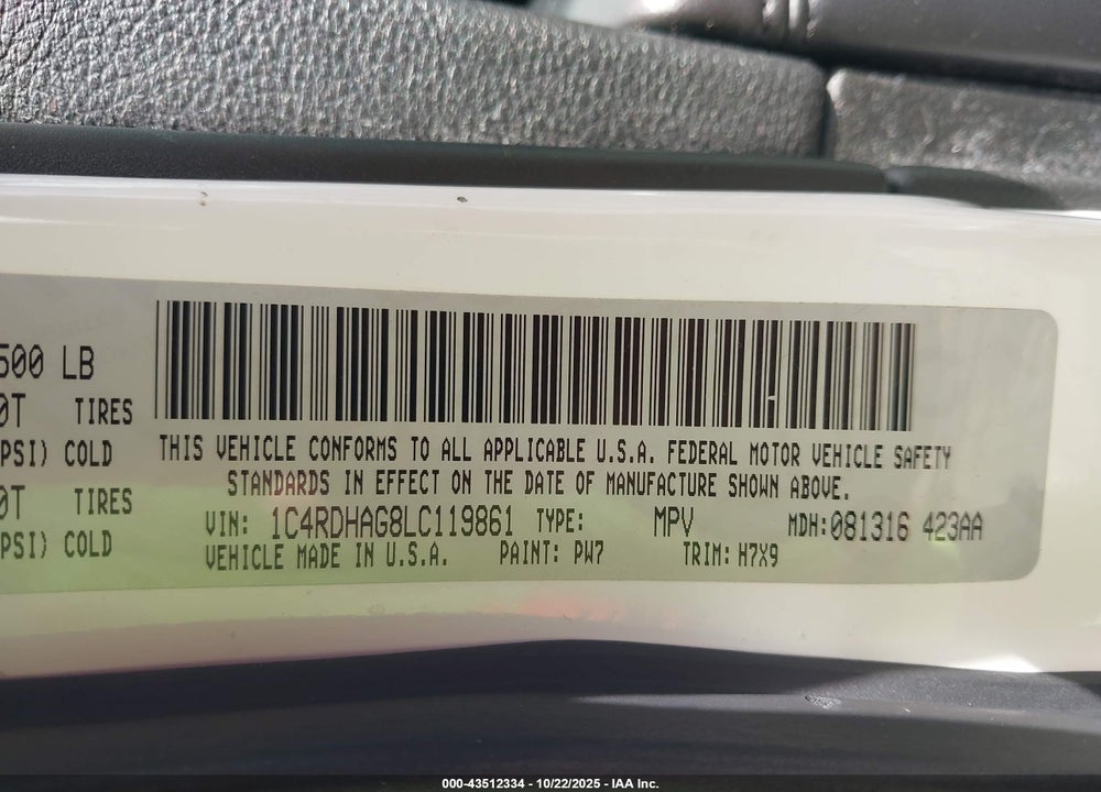 2020 DODGE DURANGO SXT VIN: 1C4RDHAG8LC119861