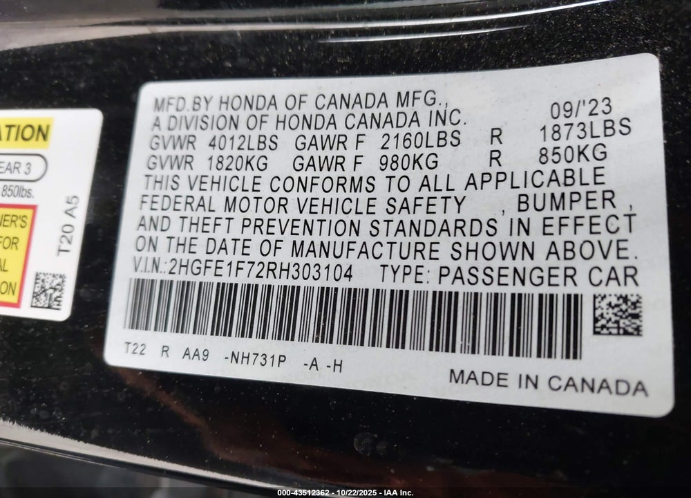 2024 HONDA CIVIC VIN: 2HGFE1F72RH303104