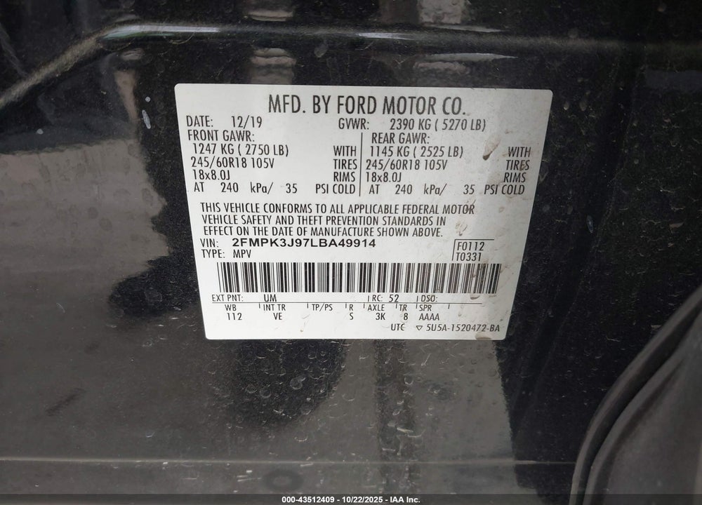 2020 FORD EDGE SEL VIN: 2FMPK3J97LBA49914