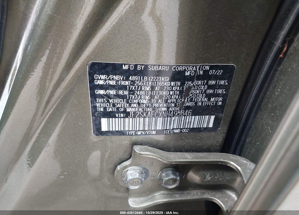 2022 SUBARU FORESTER VIN: JF2SKAECXNH495846