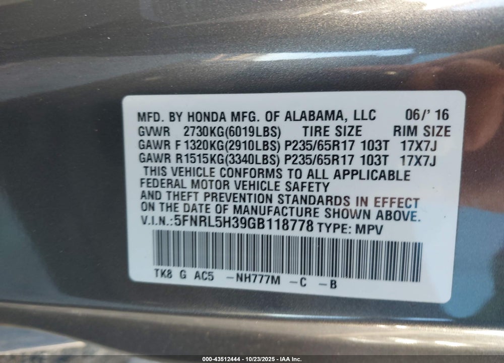 2016 HONDA ODYSSEY SE VIN: 5FNRL5H39GB118778