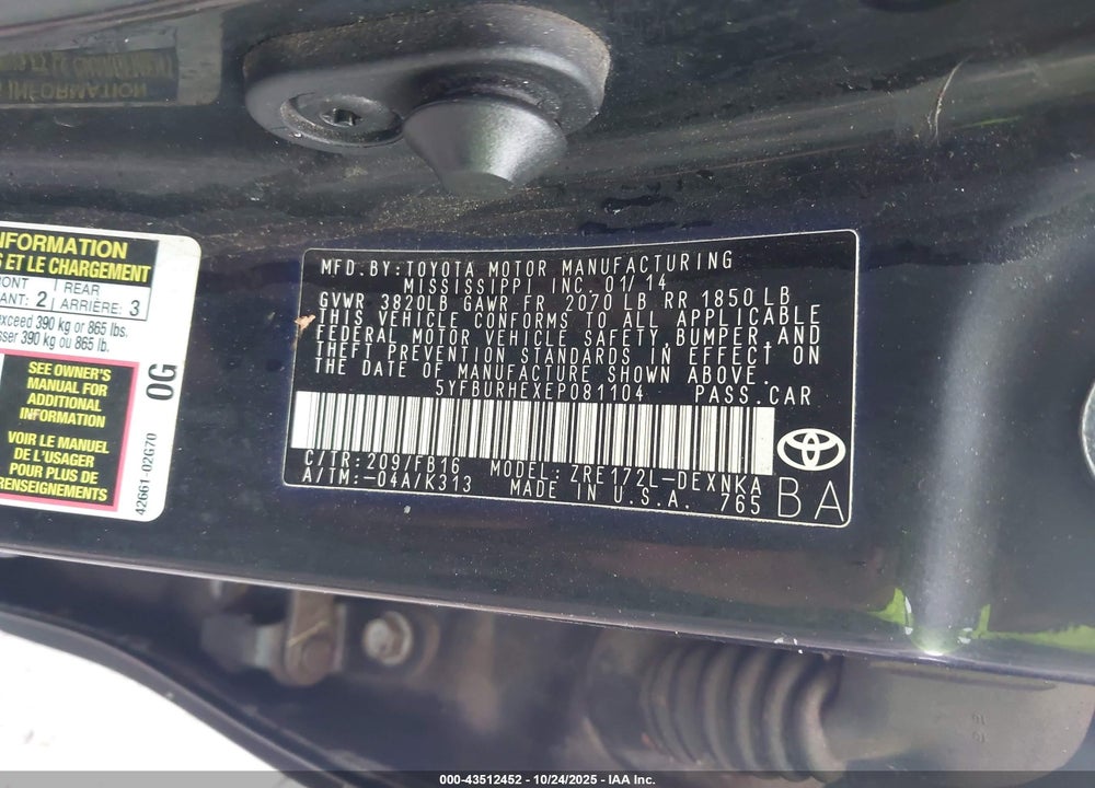 2014 TOYOTA COROLLA LE VIN: 5YFBURHEXEP081104