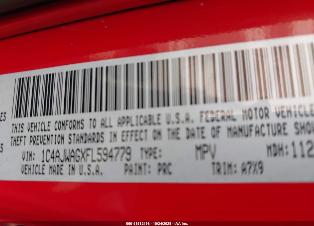 2015 JEEP WRANGLER / VIN: 1C4AJWAGXFL594779