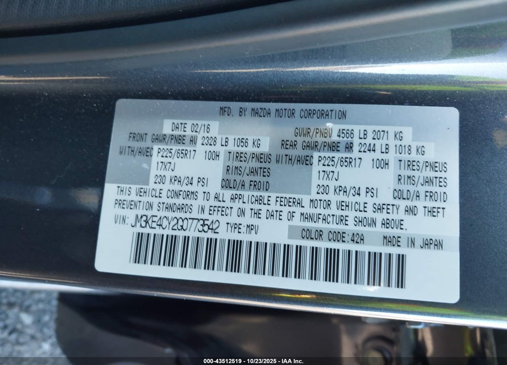 2016 MAZDA CX-5 TOURING VIN: JM3KE4CY2G0773542