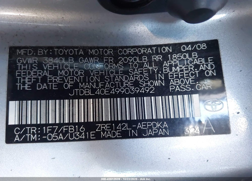 2009 TOYOTA COROLLA VIN: JTDBL40E499039492