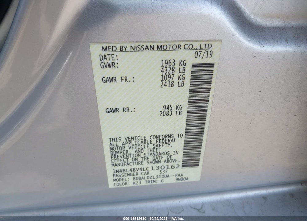 2020 NISSAN ALTIMA S FWD VIN: 1N4BL4BV4LC130162