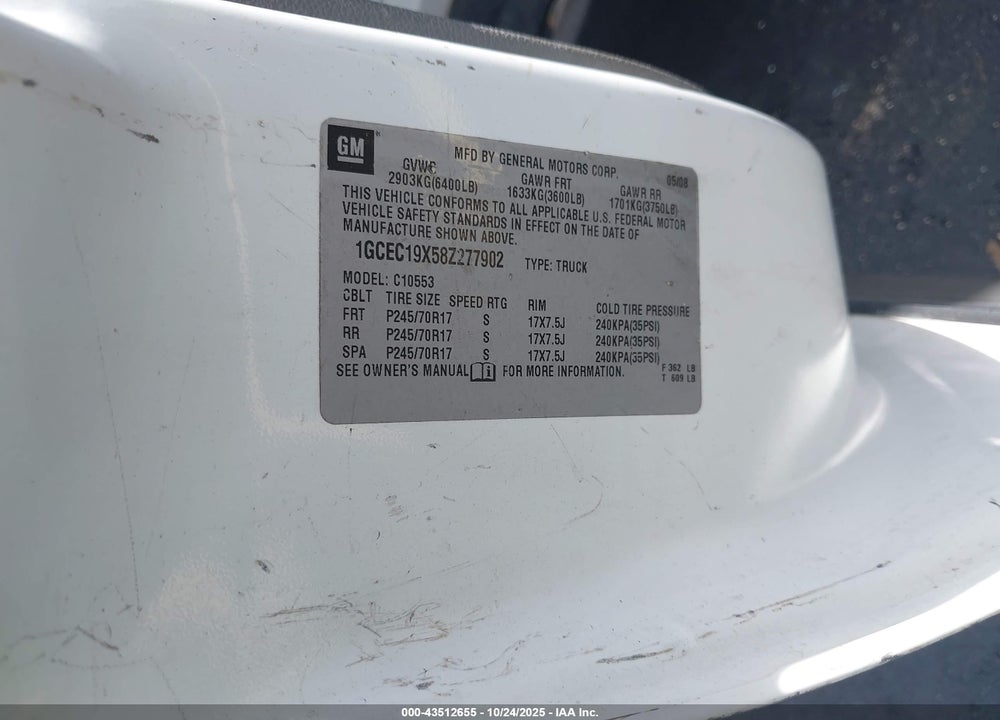 2008 CHEVROLET SILVERADO 1500 WORK TRUCK VIN: 1GCEC19X58Z277902