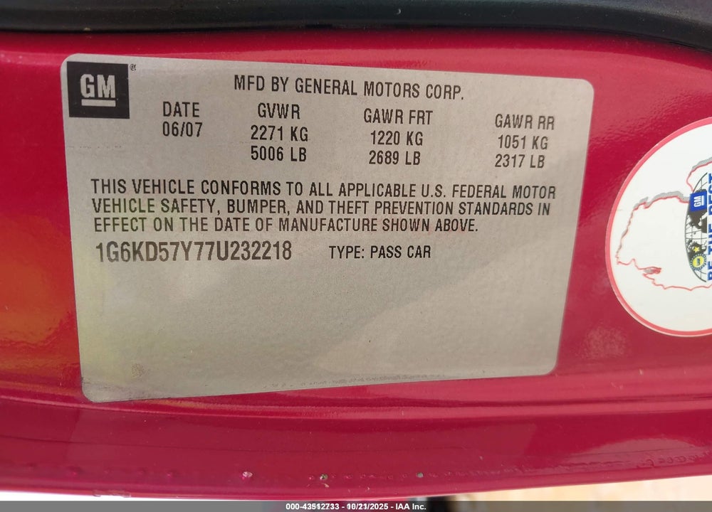 2007 CADILLAC DTS VIN: 1G6KD57Y77U232218