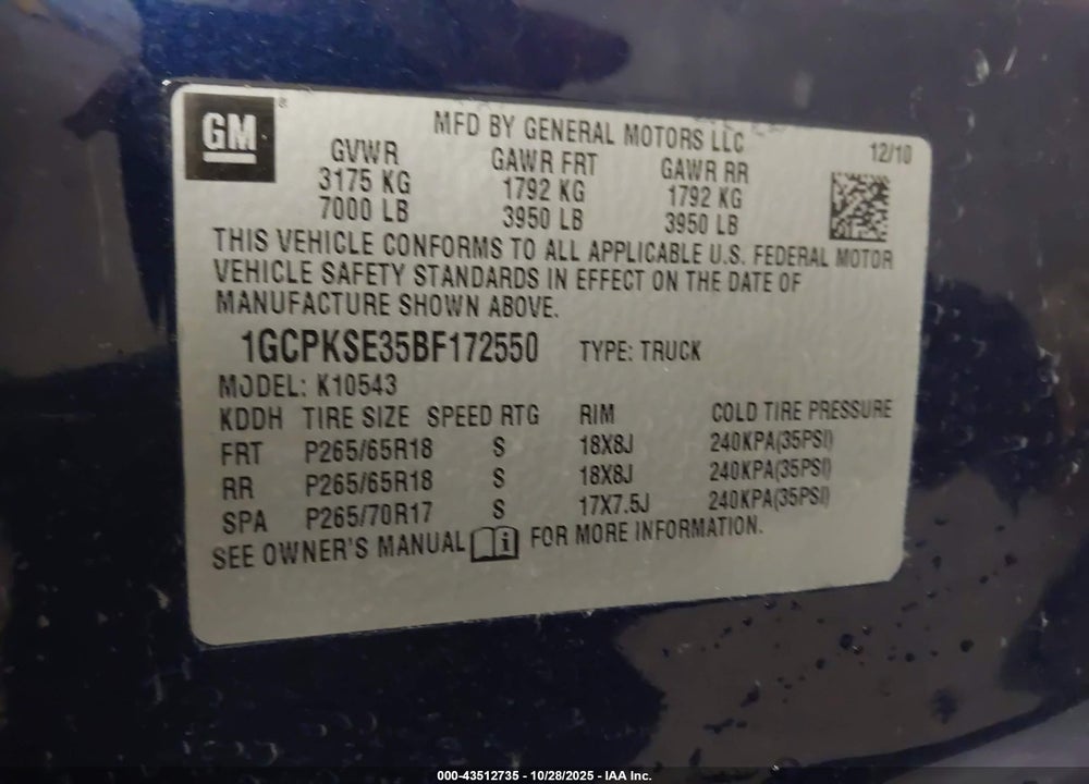 2011 CHEVROLET SILVERADO 1500 LT VIN: 1GCPKSE35BF172550