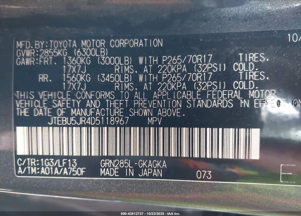 2013 TOYOTA 4RUNNER VIN: JTEBU5JR4D5118967