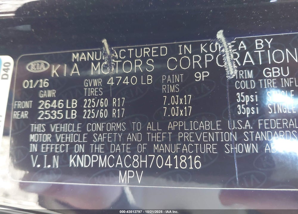 2017 KIA SPORTAGE VIN: KNDPMCAC8H7041816