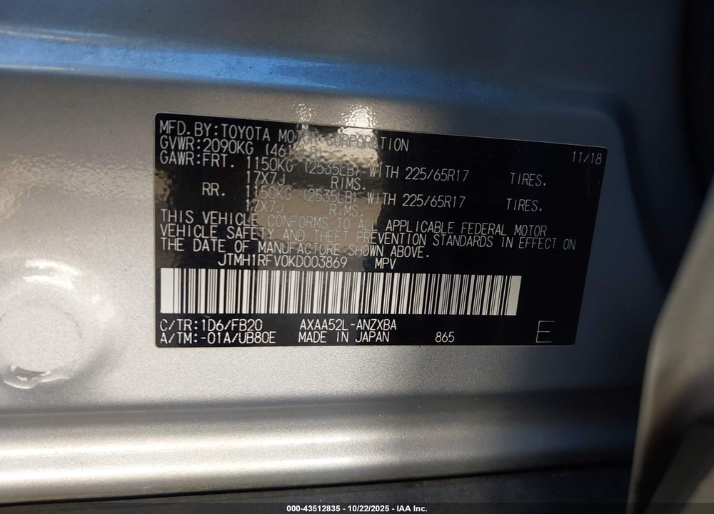2019 TOYOTA RAV4 LE VIN: JTMH1RFV0KD003869
