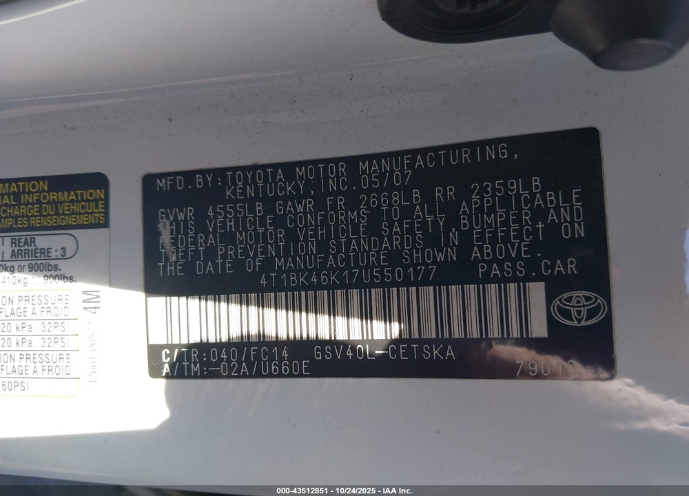 2007 TOYOTA CAMRY SE V6 VIN: 4T1BK46K17U550177