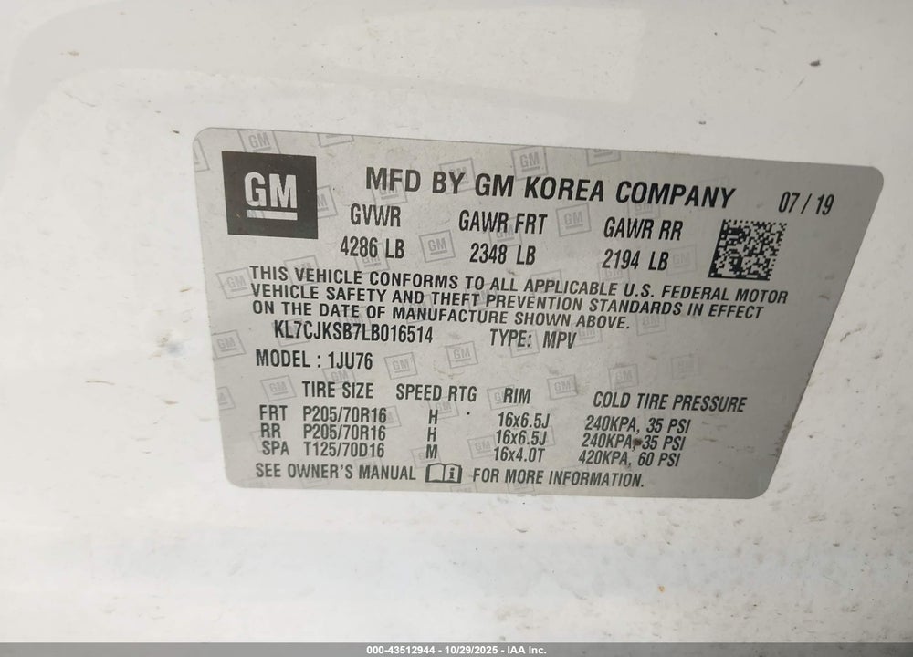 2020 CHEVROLET TRAX VIN: KL7CJKSB7LB016514