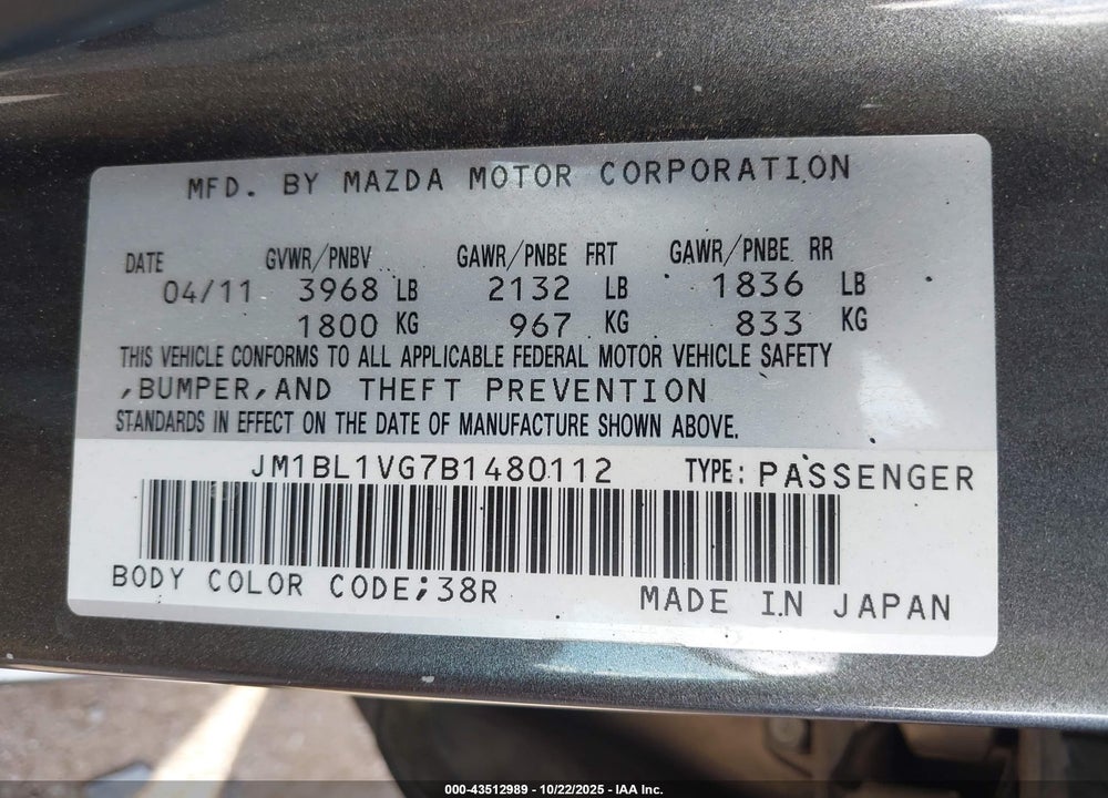 2011 MAZDA 3 I TOURING VIN: JM1BL1VG7B1480112