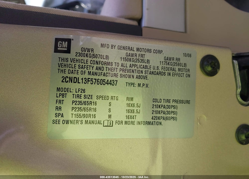 2007 CHEVROLET EQUINOX VIN: 2CNDL13F576054437