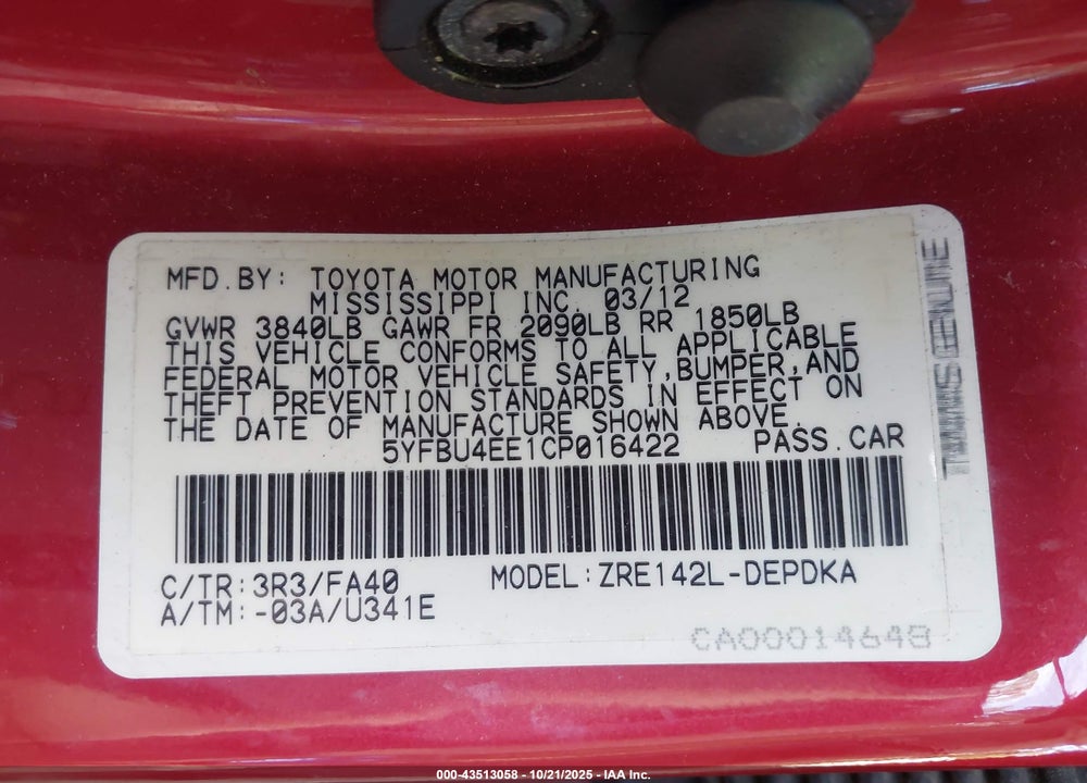 2012 TOYOTA COROLLA VIN: 5YFBU4EE1CP016422