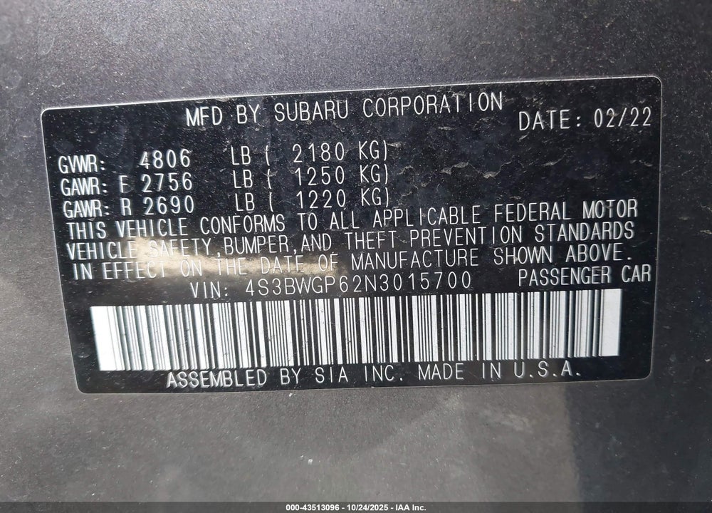 2022 SUBARU LEGACY TOURING XT VIN: 4S3BWGP62N3015700