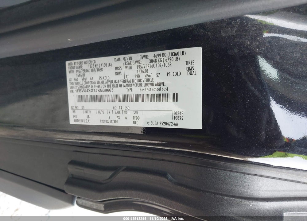 2018 FORD TRANSIT-350 XLT VIN: 1FBVU4XG7JKB30663