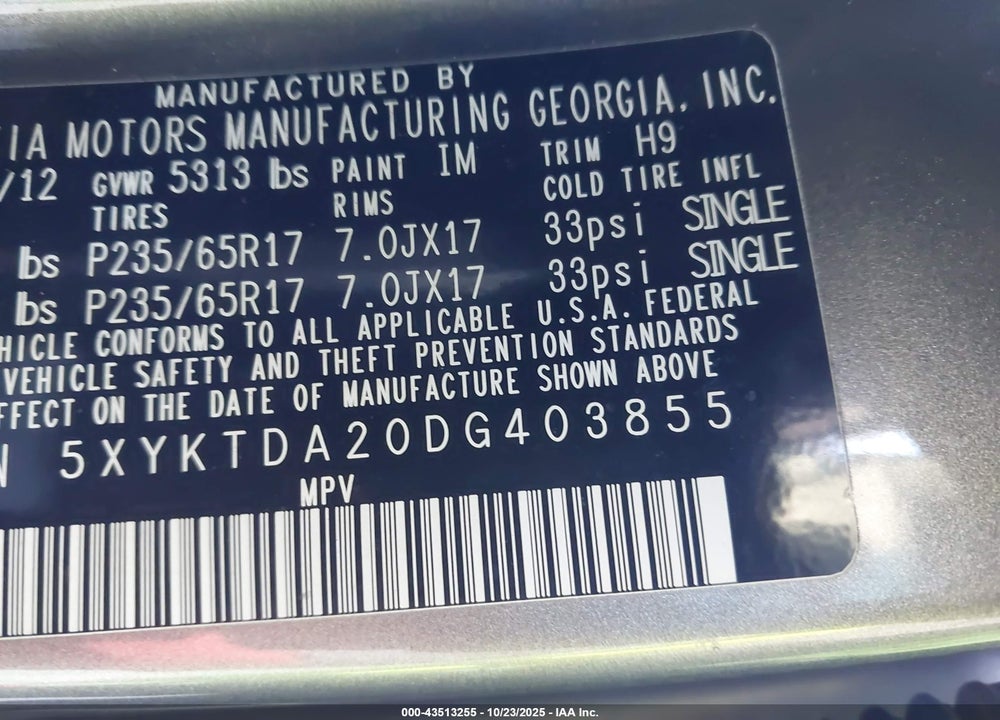 2013 KIA SORENTO LX V6 VIN: 5XYKTDA20DG403855