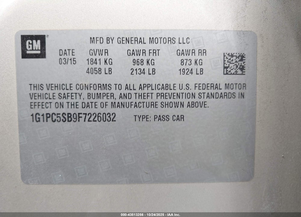 2015 CHEVROLET CRUZE 1LT AUTO VIN: 1G1PC5SB9F7226032