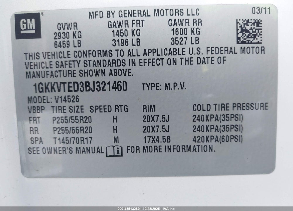 2011 GMC ACADIA DENALI VIN: 1GKKVTED3BJ321460