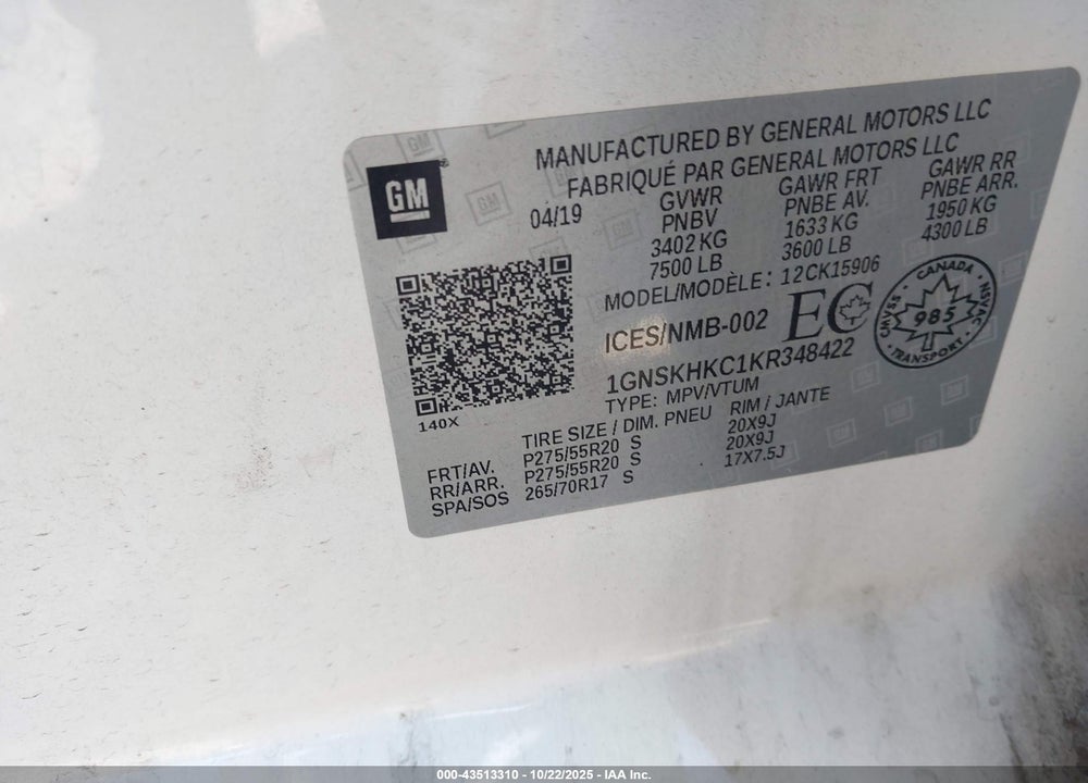 2019 CHEVROLET SUBURBAN LT VIN: 1GNSKHKC1KR348422