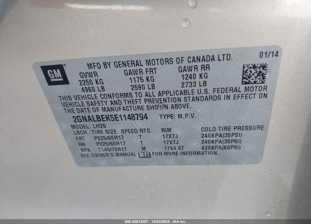 2014 CHEVROLET EQUINOX 1LT VIN: 2GNALBEK5E1148794