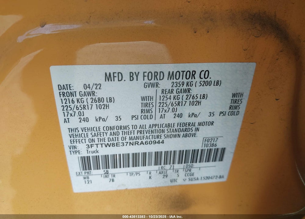 2022 FORD MAVERICK VIN: 3FTTW8E37NRA60944