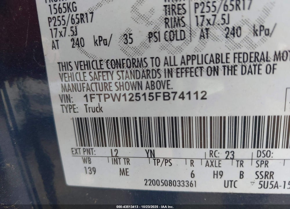 2005 FORD F-150 VIN: 1FTPW12515FB74112
