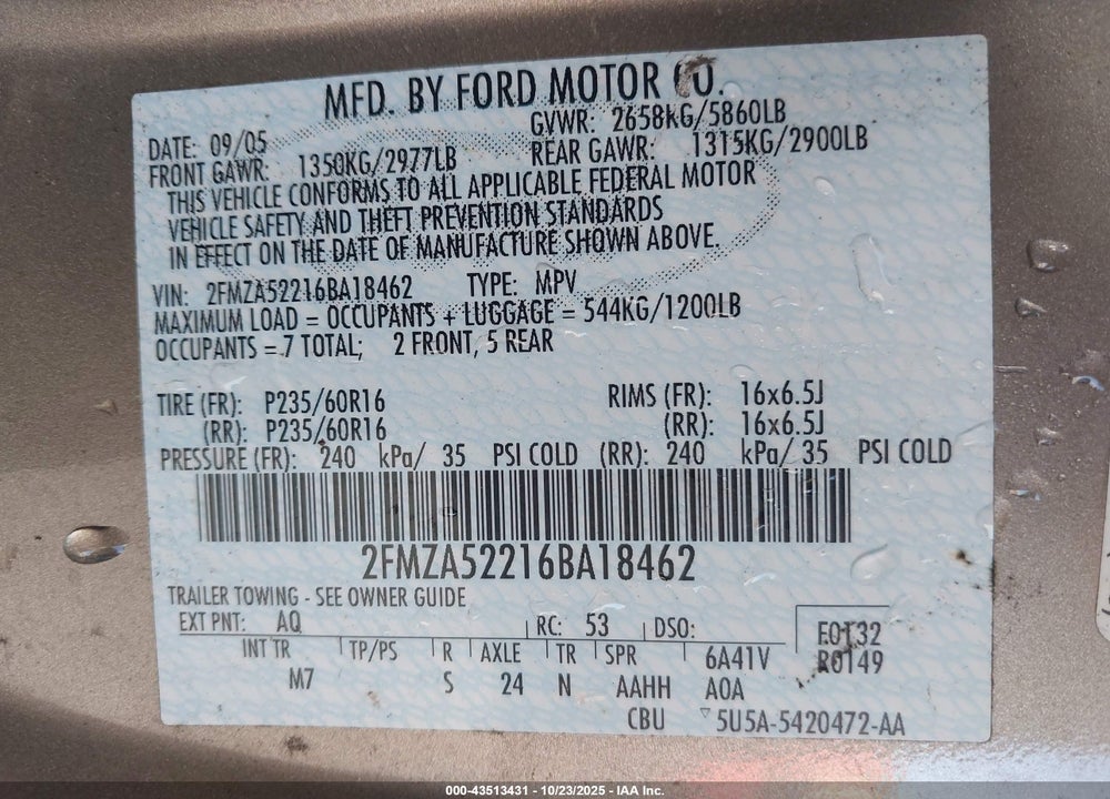 2006 FORD FREESTAR VIN: 2FMZA52216BA18462