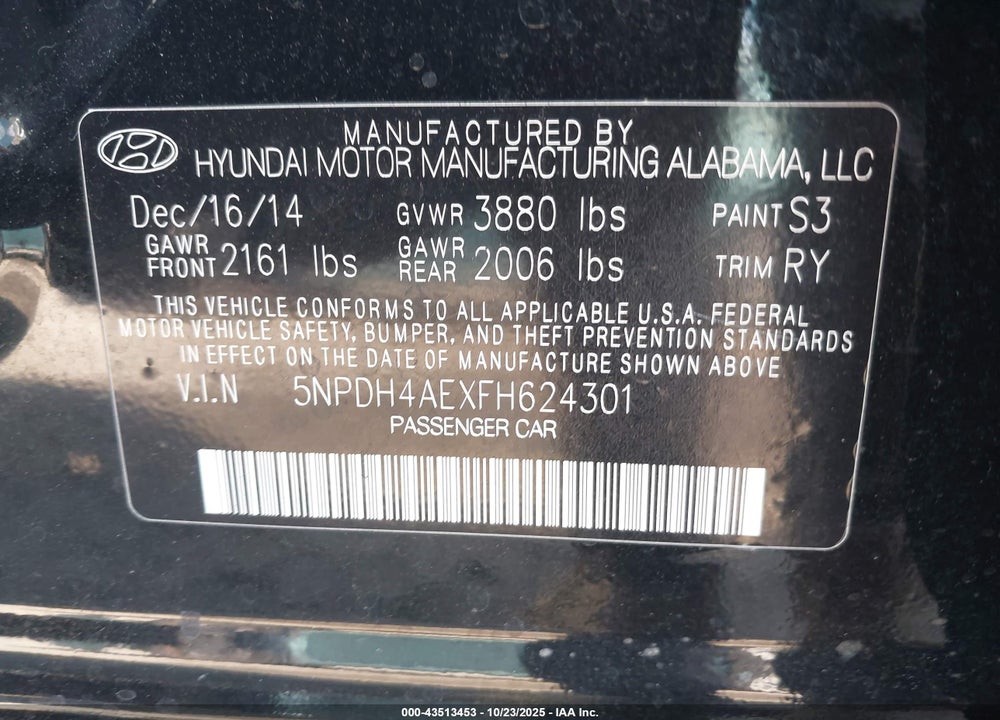 2015 HYUNDAI ELANTRA VIN: 5NPDH4AEXFH624301