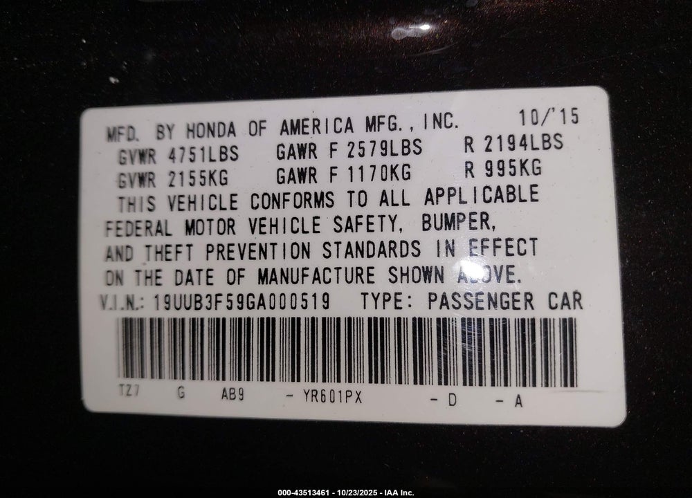 2016 ACURA TLX VIN: 19UUB3F59GA000519