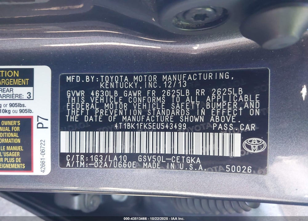 2014 TOYOTA CAMRY XLE V6 VIN: 4T1BK1FK5EU543499