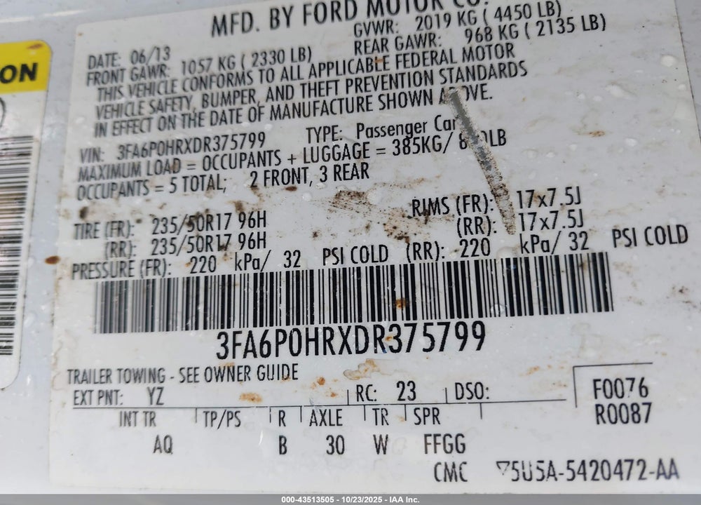 2013 FORD FUSION SE VIN: 3FA6P0HRXDR375799