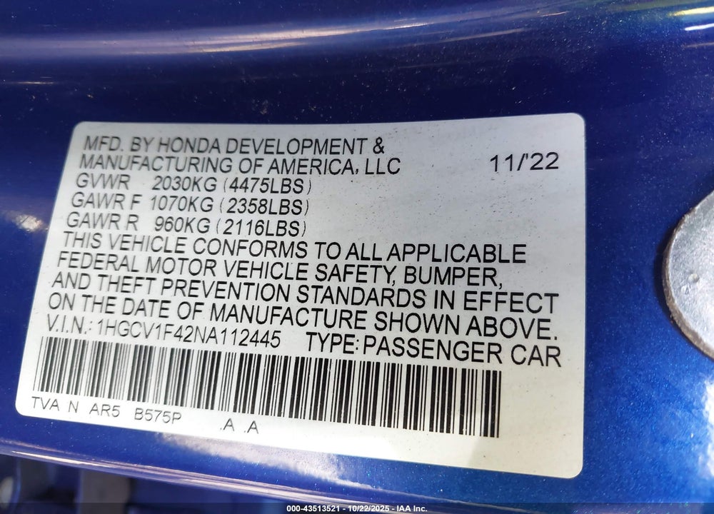 2022 HONDA ACCORD SPORT SPECIAL EDITION VIN: 1HGCV1F42NA112445