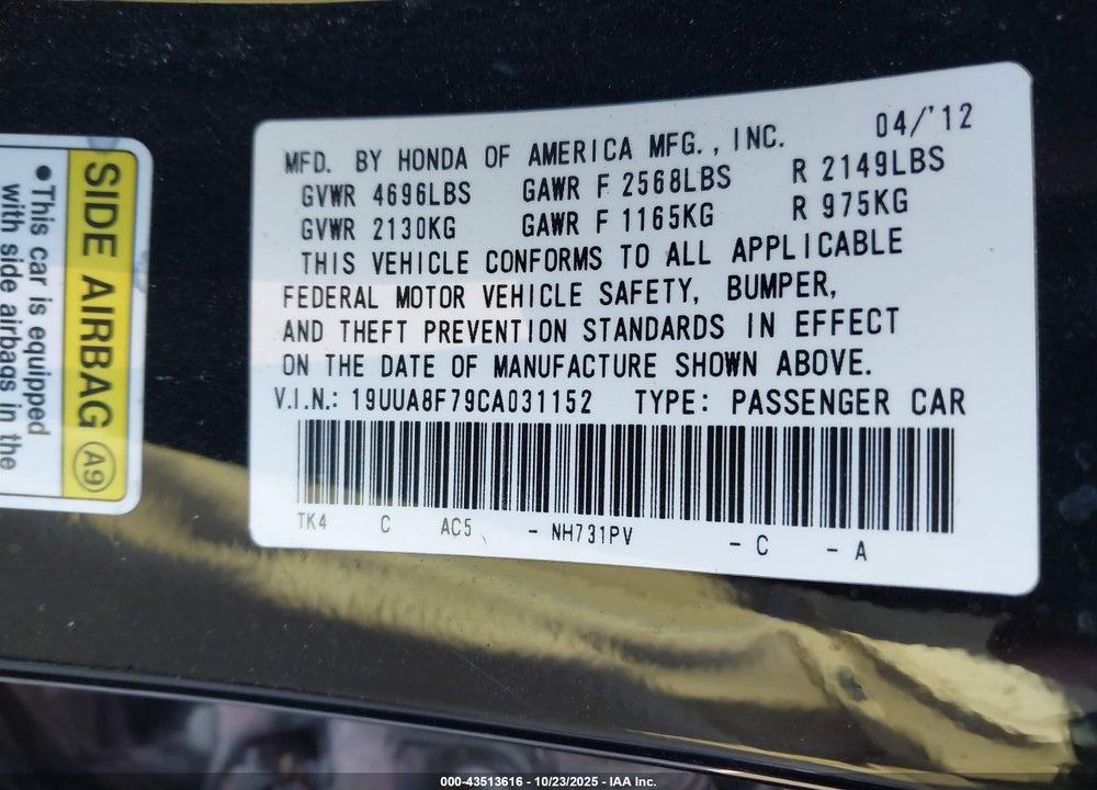 2012 ACURA TL 3.5 VIN: 19UUA8F79CA031152