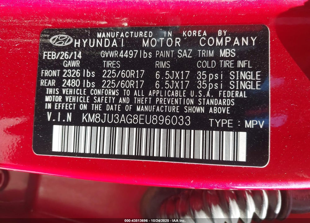 2014 HYUNDAI TUCSON SE VIN: KM8JU3AG8EU896033