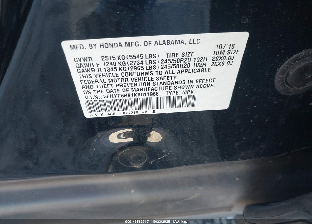2019 HONDA PILOT TOURING VIN: 5FNYF5H91KB011966