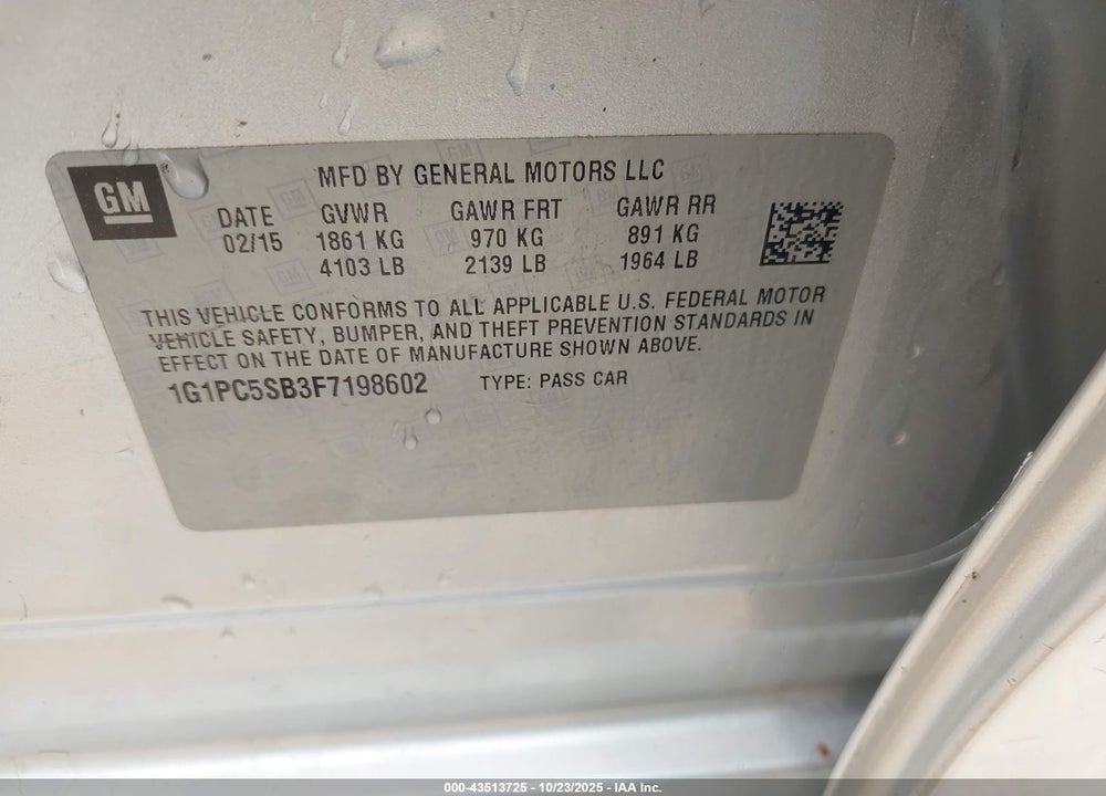 2015 CHEVROLET CRUZE VIN: 1G1PC5SB3F7198602