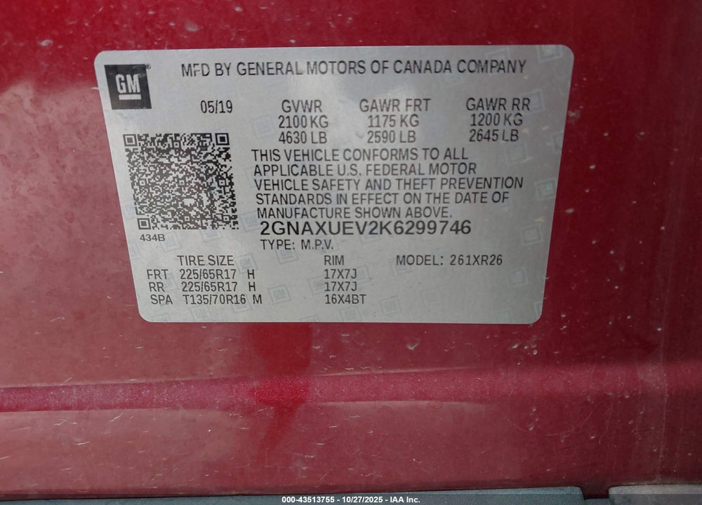 2019 CHEVROLET EQUINOX LT VIN: 2GNAXUEV2K6299746