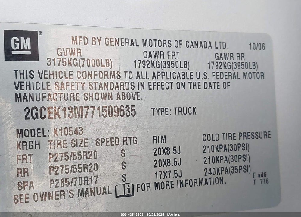 2007 CHEVROLET SILVERADO 1500 LTZ VIN: 2GCEK13M771509635