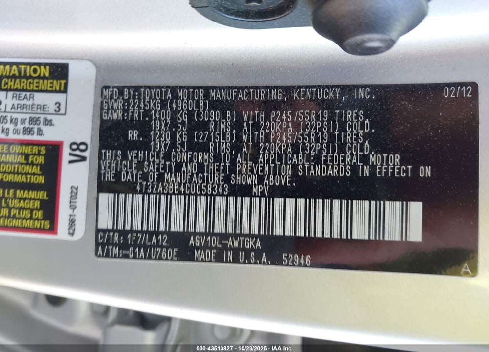 2012 TOYOTA VENZA VIN: 4T3ZA3BB4CU058343